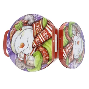 Custom Logo Christmas Tin Box Round Metal Carry Case Gift Lunch Tin Can With Handle