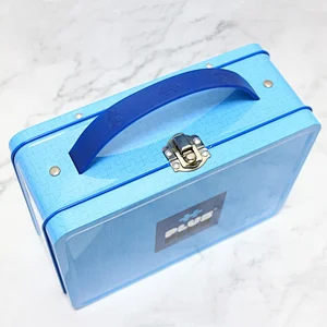 Factory Custom Tin Suitcase Rectangle Carrying Tin Container Package Lunch Metal Tin Box With Handler And Lock
