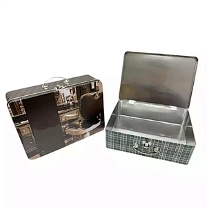 Custom Printing Tinplate Suitcase Packing Rectangular Metal Handle Case Transparent PVC Cosmetic Tin Box