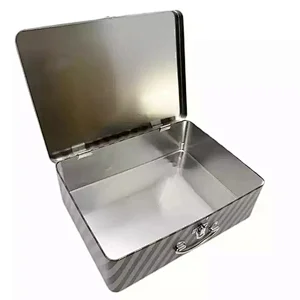 Custom Printing Tinplate Suitcase Packing Rectangular Metal Handle Case Transparent PVC Cosmetic Tin Box