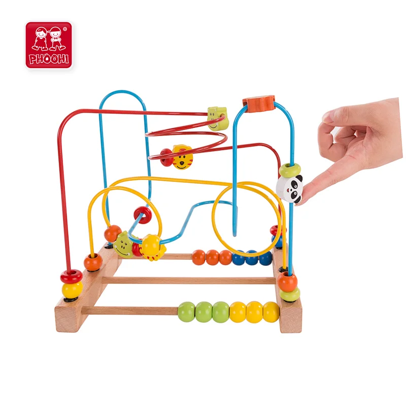 Children educational toy wild animal kids wooden bead roller coaster for toddler 1+