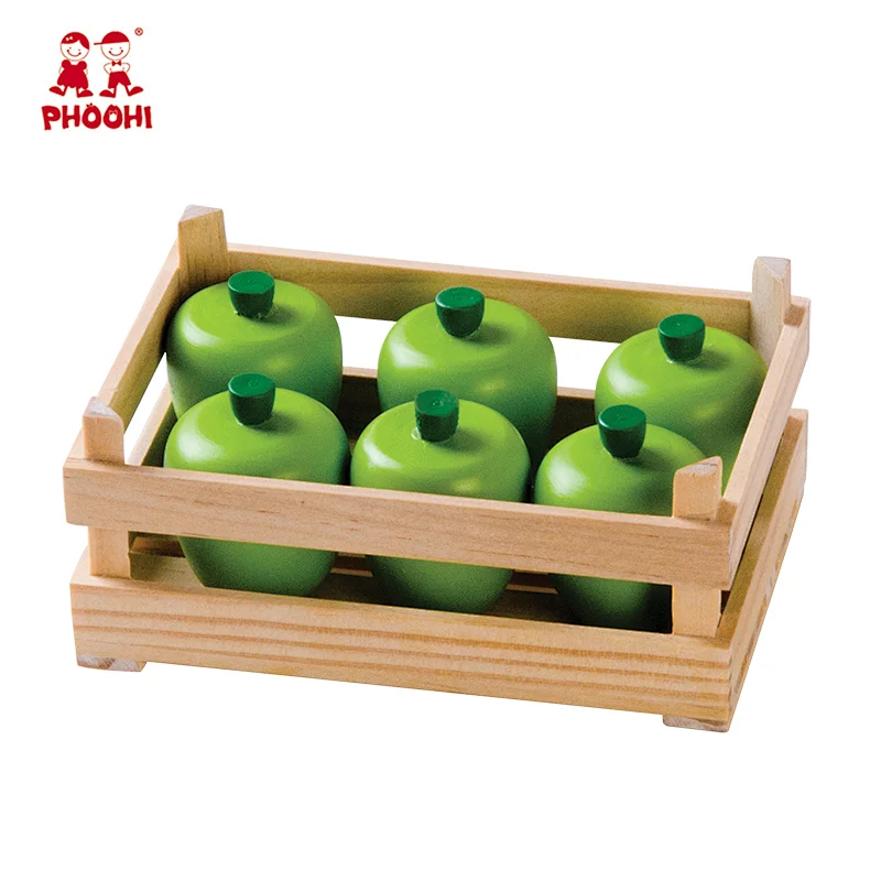 Children pretend food play set kids wooden green apple play fruit toy with wooden frame