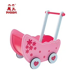 Pink flower play children dolls pushchair baby wooden stroller toy for kids 3+