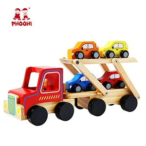 2018 New children play transport vehicle car carrier wooden truck toy with 4 cars
