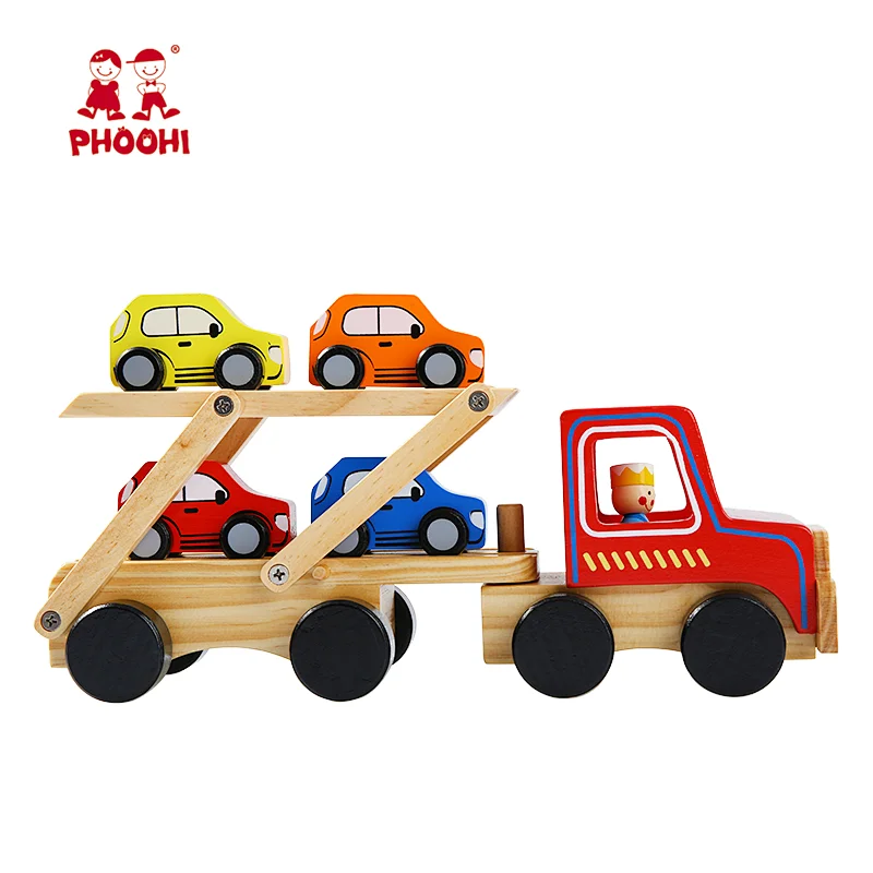2018 New children play transport vehicle car carrier wooden truck toy with 4 cars