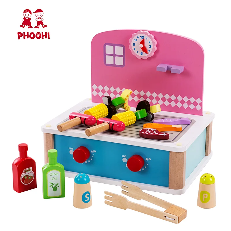 2 in 1 children pretend play BBQ grill kids wooden table top kitchen toy with accessories