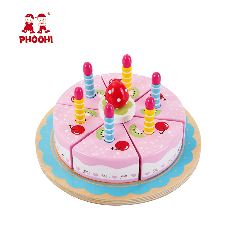 New design children pretend play food cutting pink kids wooden cake toy with candles