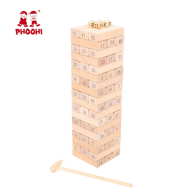 High quality educational stacking blocks game toy 54 pcs wooden tumbling tower