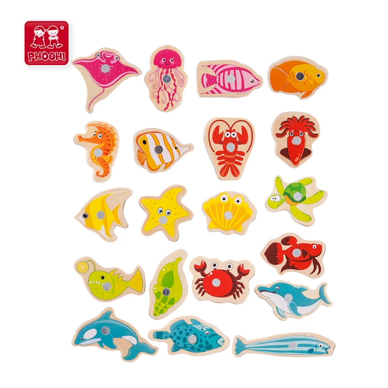 20 pcs marine animal educational toy children wooden magnetic fishing game for kids 3+