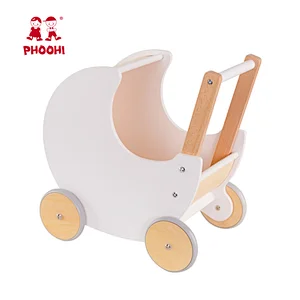 New Arrival Pretend Play Toddler Push Pull Baby Walker Toy White Wooden Doll Pram For 3+