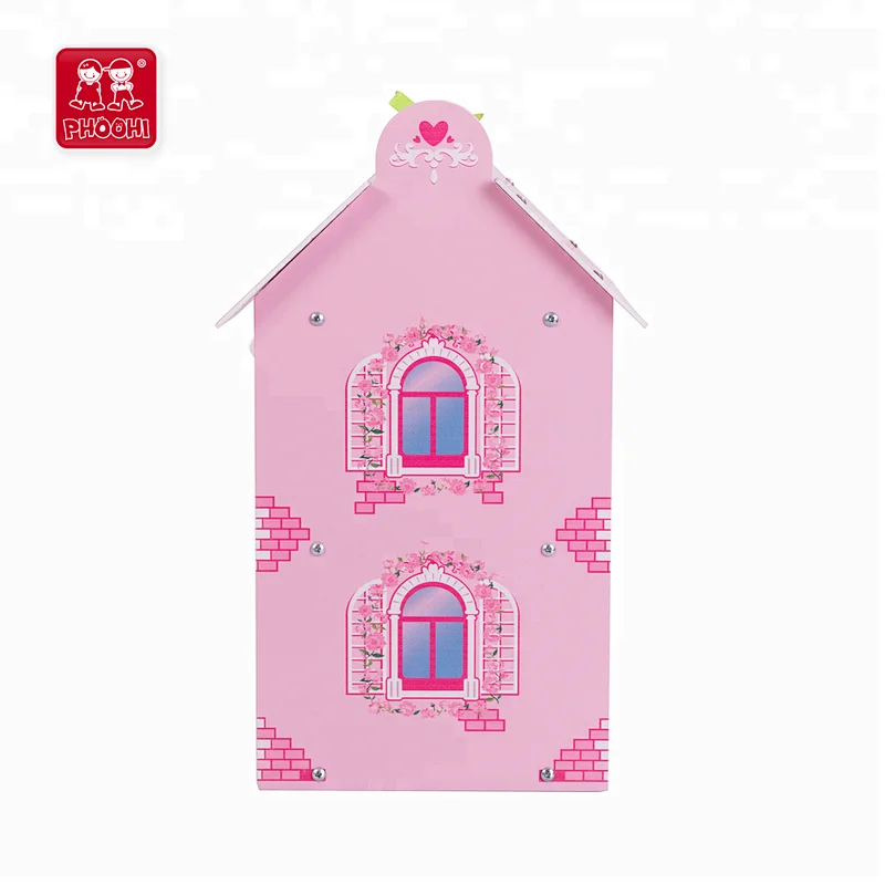Portable pink flower children pretend play game toy wooden doll house for kids 3+