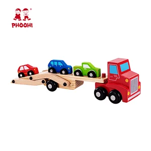Kids play educational vehicle children wooden racing car carrier truck toy with 3 cars