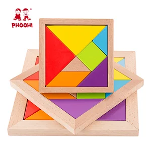 Children educational classic colorful seven piece wooden tangram puzzle for kids 3+