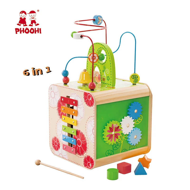 Multifunction 6 in 1 baby educational toy big wooden bead maze activity cube for kids