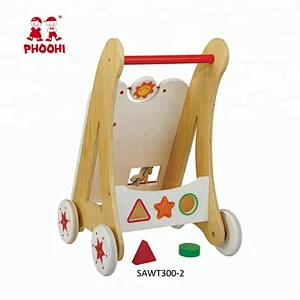 Multifunction outdoor white kids rubber wheels wooden baby push walker for toddler