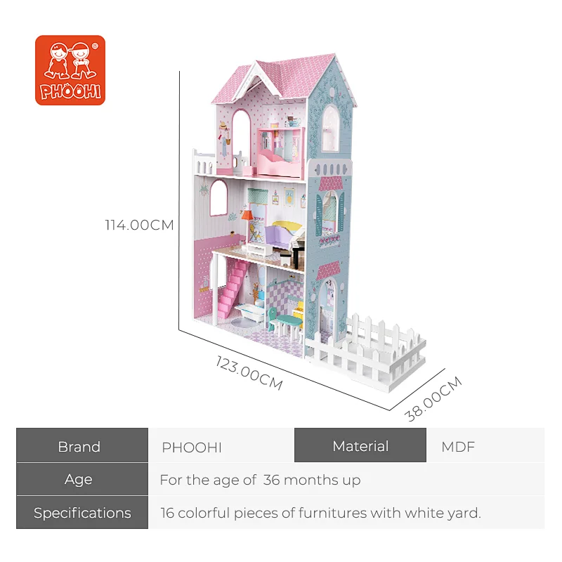 New Arrival Pink 1:12 Kids Pretend Play Toy Modern Wooden Big Doll House For Girls 3+