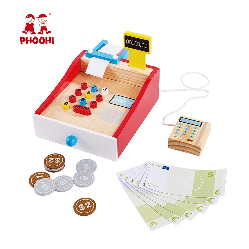Pretend supermarket game children toy wooden play kids cash register for toddler
