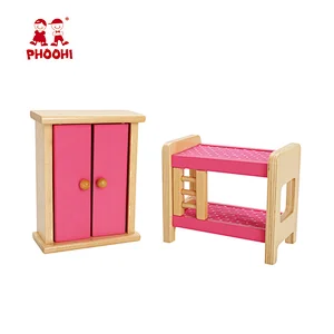 Deep pink pretend play mini bedroom doll furniture wooden miniature furniture kits