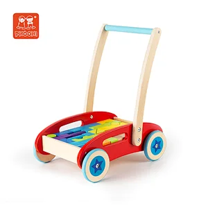 children natural educational toddler push cart toy baby walker with blocks for kids wooden toy