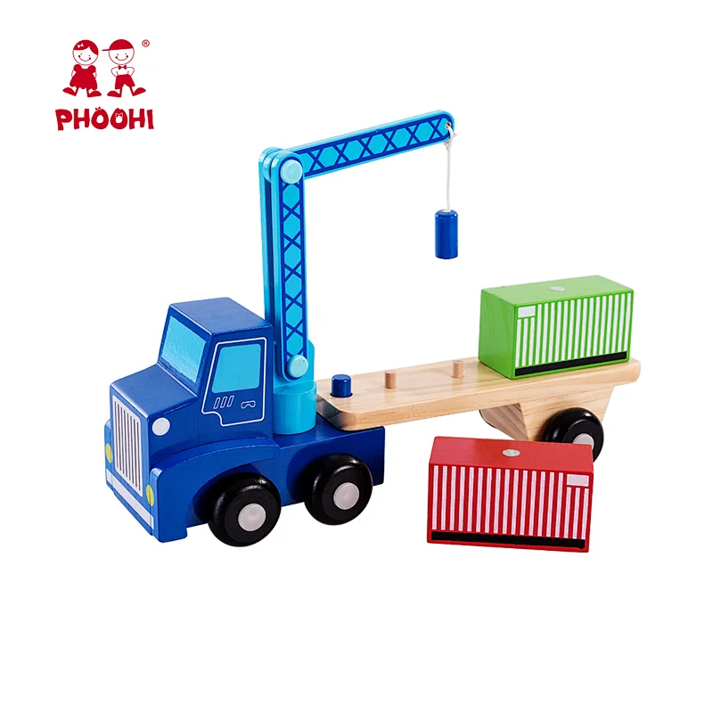 Children play racing car truck baby kids wooden container loader toy with 2 containers