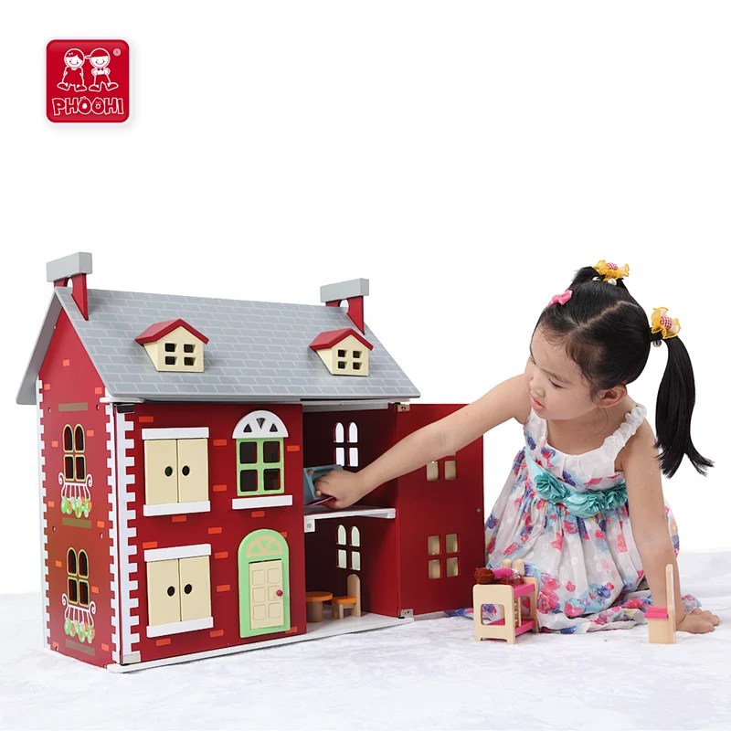 Dark red kids pretend play house toy 4 doll rooms wooden doll house