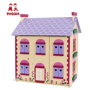 Flower purple romantic kids doll role play game wooden doll house toy