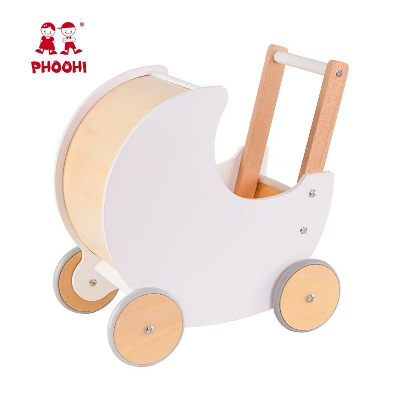 New Arrival Pretend Play Toddler Push Pull Baby Walker Toy White Wooden Doll Pram For 3+