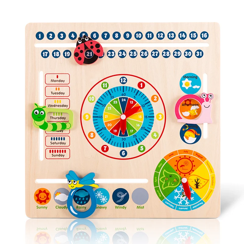 Multifunction 6 in 1 hanging early educational learning kids clock date weather chart wooden calendar toy