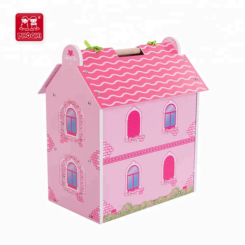 Portable pink flower children pretend play game toy wooden doll house for kids 3+