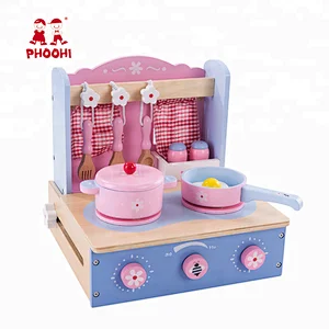 Foldable children blue tabletop wooden kids play mini kitchen toy with accessory