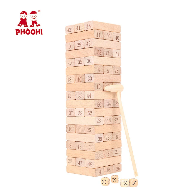 High quality educational stacking blocks game toy 54 pcs wooden tumbling tower