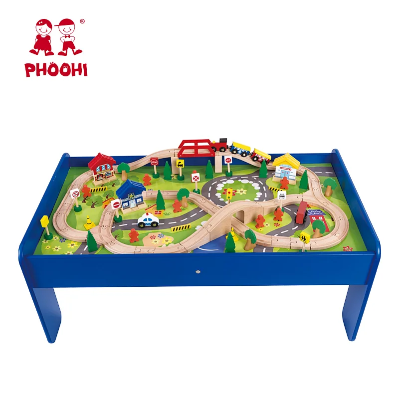 Toddler preschool play building toy 96 pcs baby wooden train track set with table