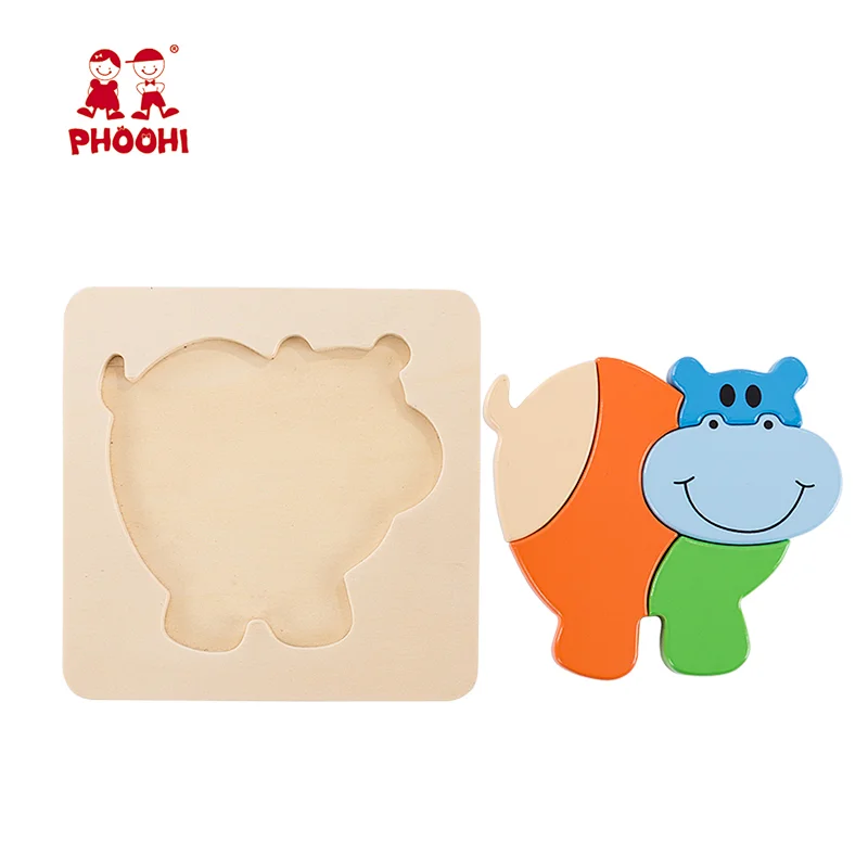 Simple toddler educational puzzle toys 4 pcs wooden kids hippo animal puzzle for 1+
