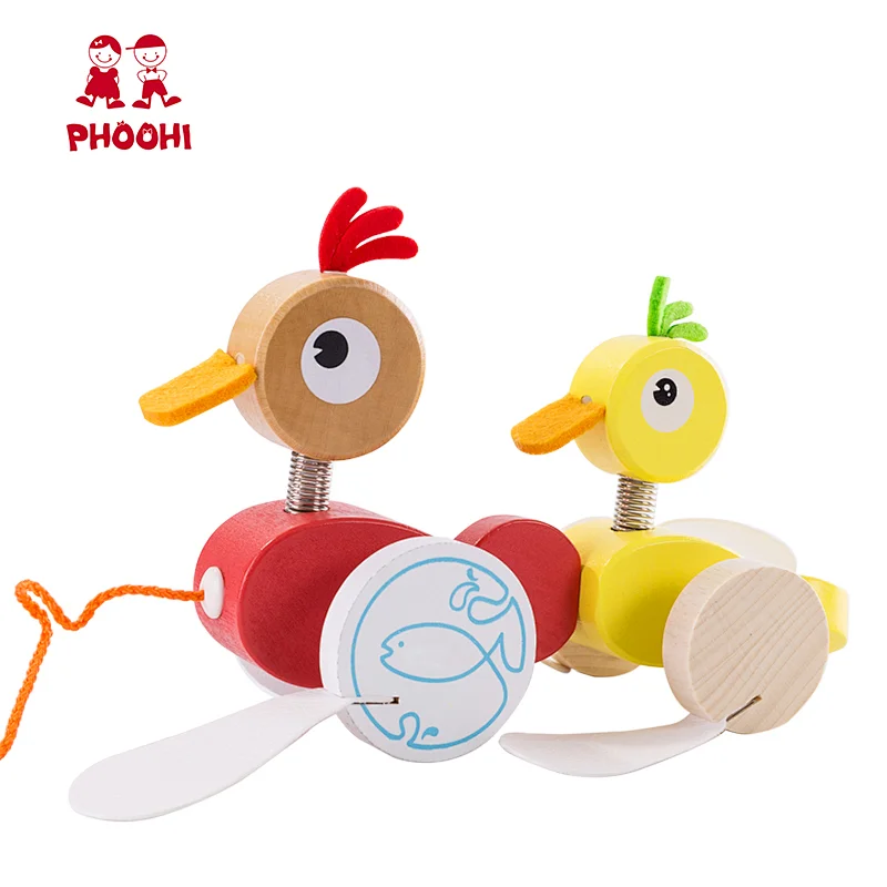 Hot selling children early learning play animal wooden pull along duck toy for kids