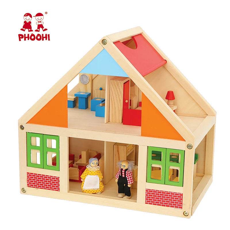 Village two floors pine wood pretend play game toy wooden DIY doll house