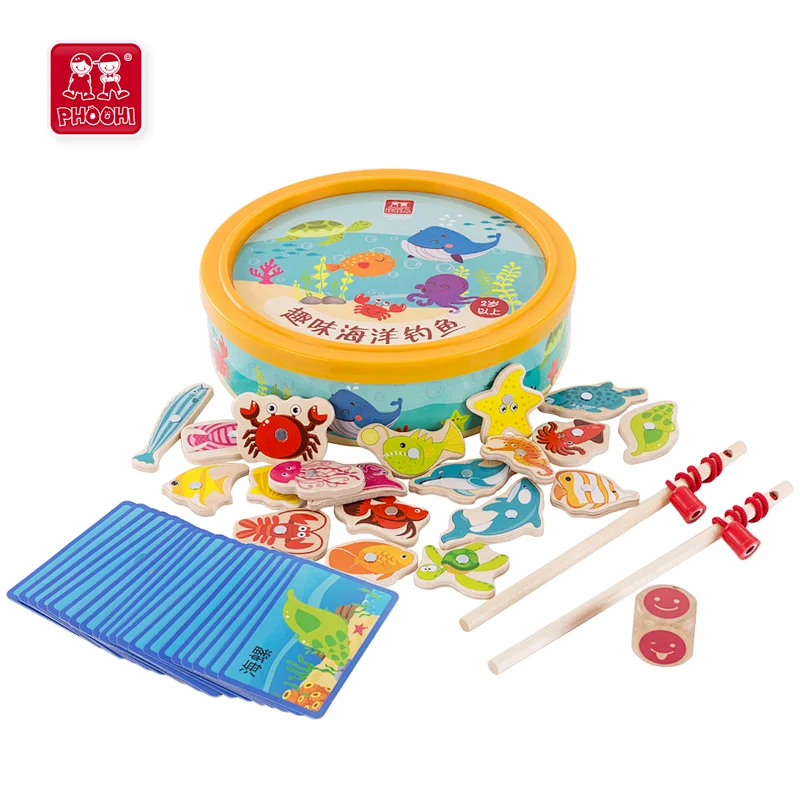 20 pcs marine animal educational toy children wooden magnetic fishing game for kids 3+