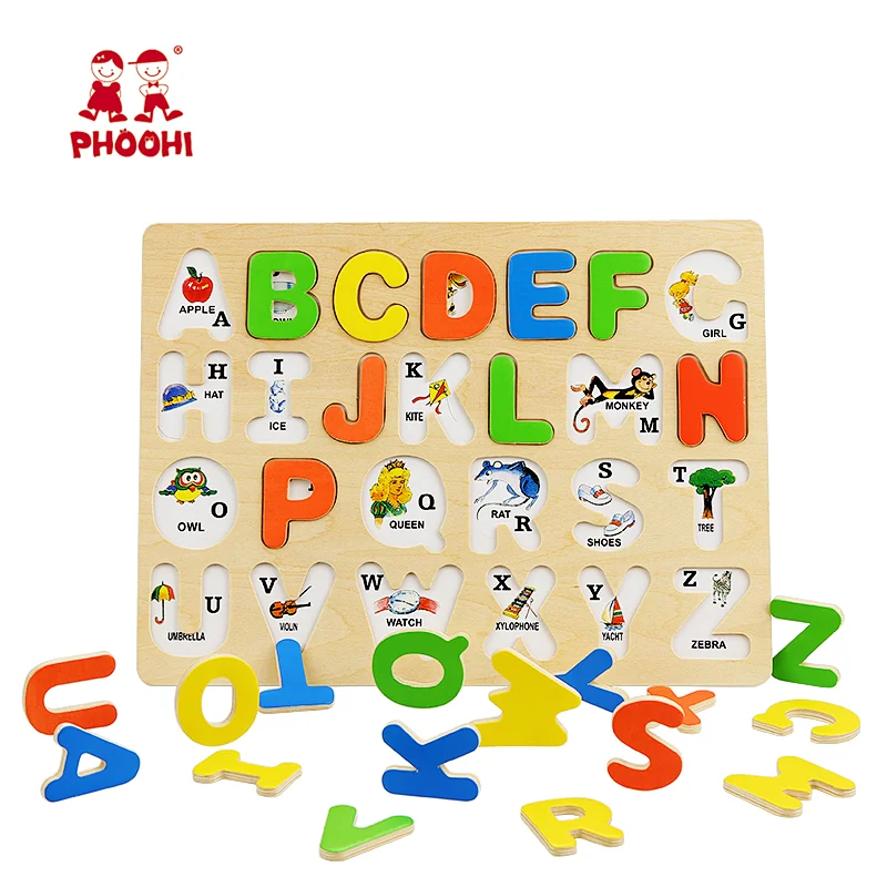 Children capital letter educational toy wooden kids alphabet puzzle for toddler 3+