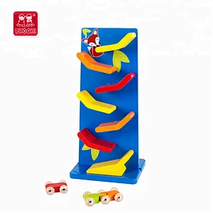 Children wooden 7 play gliding slot track rail ramp racing car tower set toy for kids