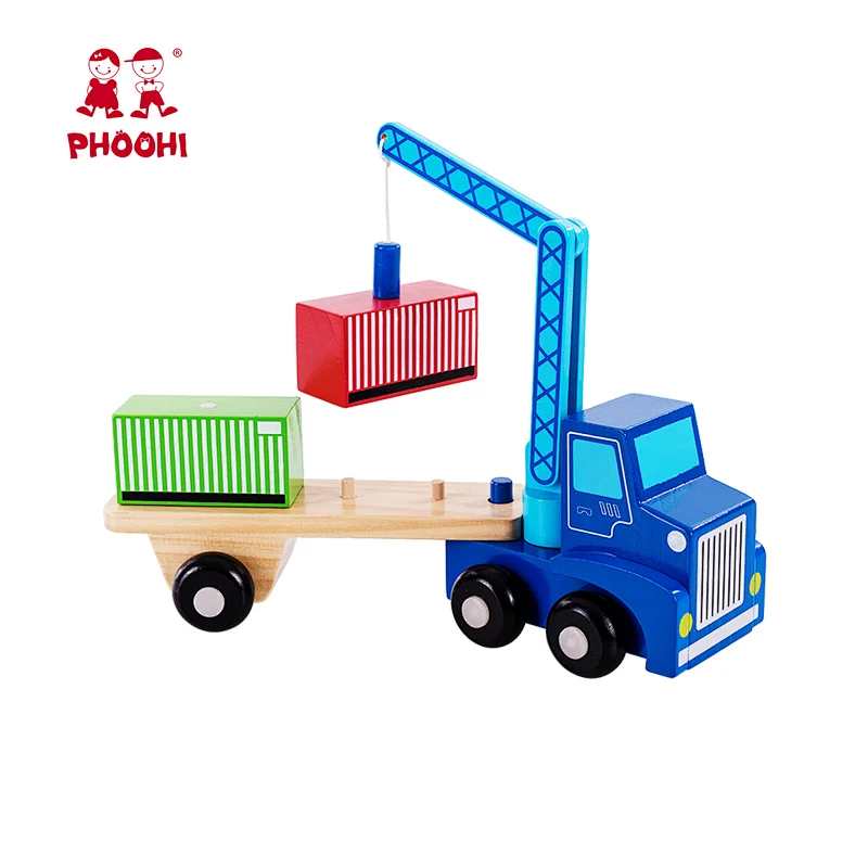 Children play racing car truck baby kids wooden container loader toy with 2 containers