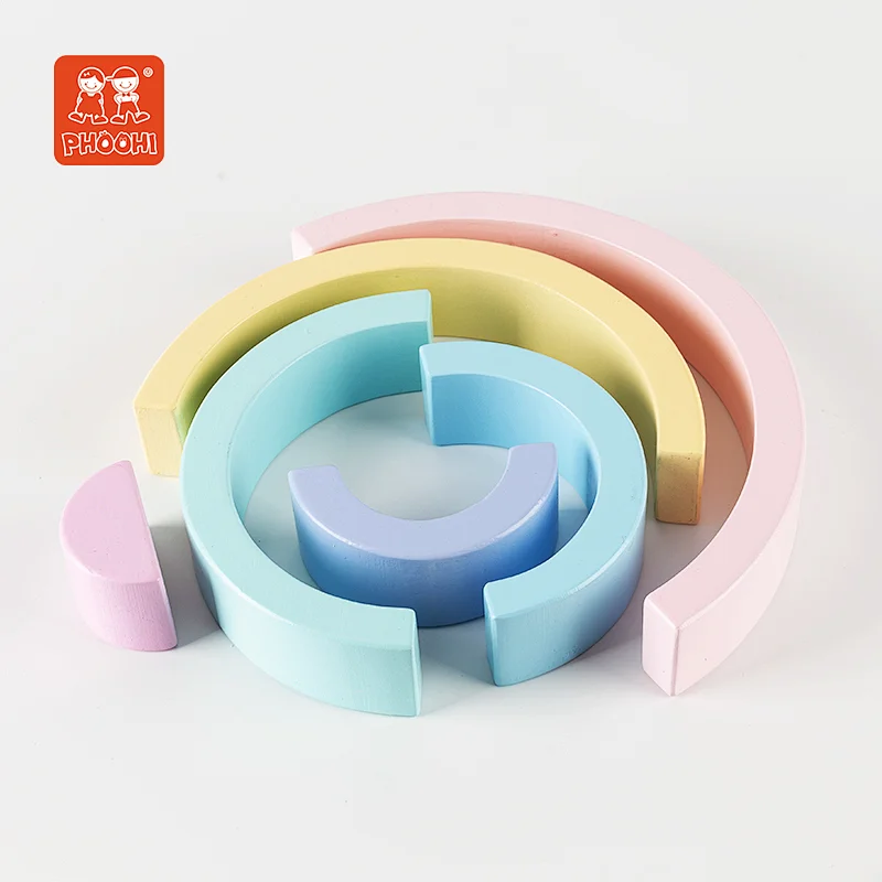 Educational Play Baby Montessori Tower Toy Macaron Nesting Block Wooden Rainbow Stacker For Kids