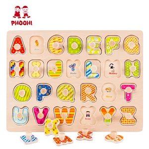 Plywood educational capital letter wooden peg toddler alphabet puzzle for kids