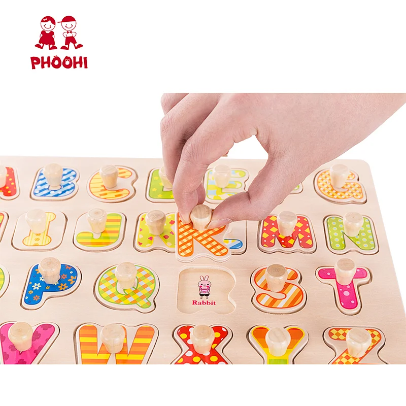 Plywood educational capital letter wooden peg toddler alphabet puzzle for kids