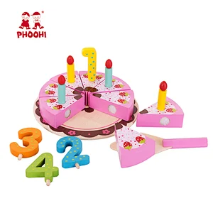Children pretend cutting food set toy pink kids wooden play cake with candles