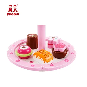 Children pretend food play toy flower kids wooden cake stand toy with 9 cupcakes