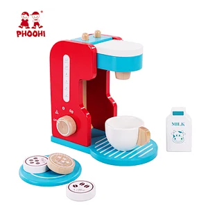 Children pretend play simulation kitchen accessories wooden coffee maker toy for kids 3+
