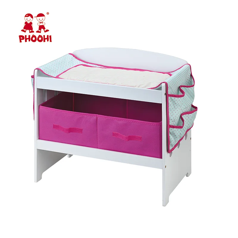 American doll furniture Multifunction 15 inch wooden baby doll changing table with fabric cabinet American girl furniture