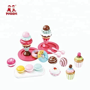 Colorful pretend play food set wooden cupcake creamcake dessert toy for kids