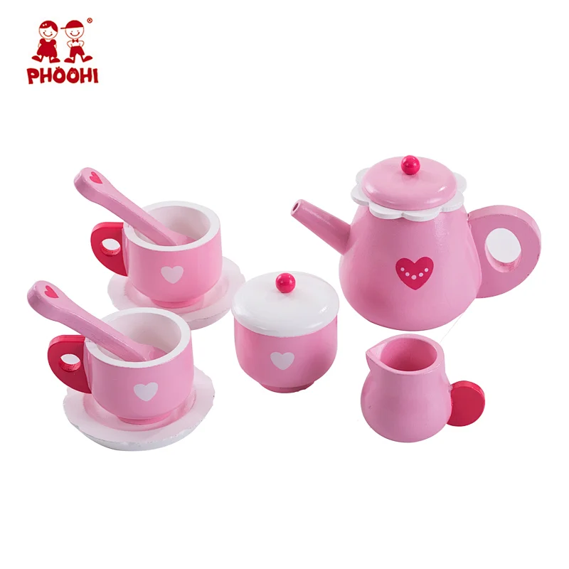Heart style food tea party pretend toy pink children wooden play tea set for kids