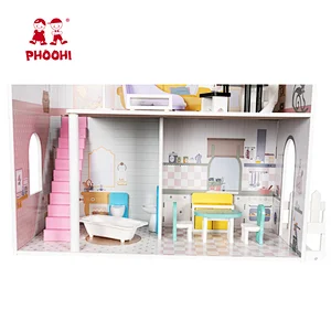 New arrival 1:12 kids pretend role play toy modern big girls wooden doll house 3+