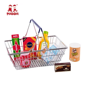 Children pretend food toy wooden grocery kids shopping basket play set for 3+